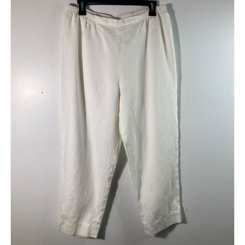 Womens Caroline Rose‎ Linen Pull On Stretch Waist Pants White LP